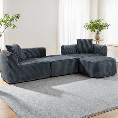 Boneless 114" Cloud Modular Sectional Sofa with L-Shape Chaise & Ottoman, Modern Corduroy Couch for Living Room, Medium-Soft 3-Seater Sofa with No Assembly Required