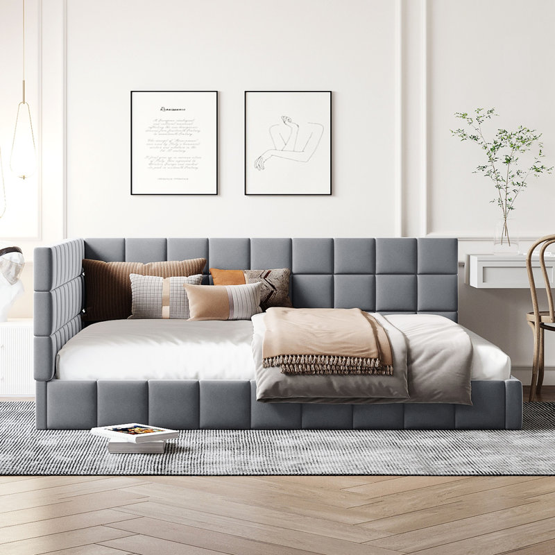 Structure de lit de jour / velours gris en velours - pleine grandeur, style Mid-Century moderne classique, bois avec lattes pour un support supplémentaire