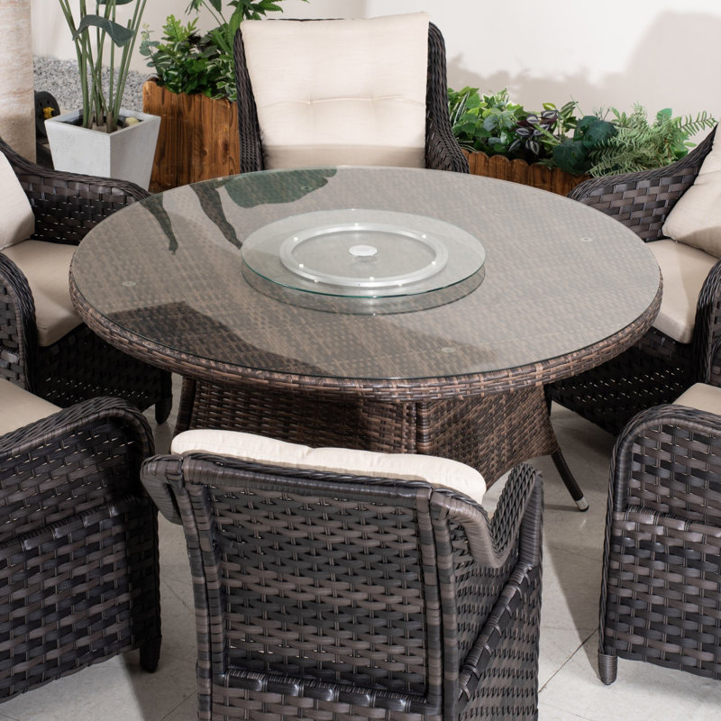 Table de salle à manger ronde 53,15 po en osier avec plateau tournant, Brun