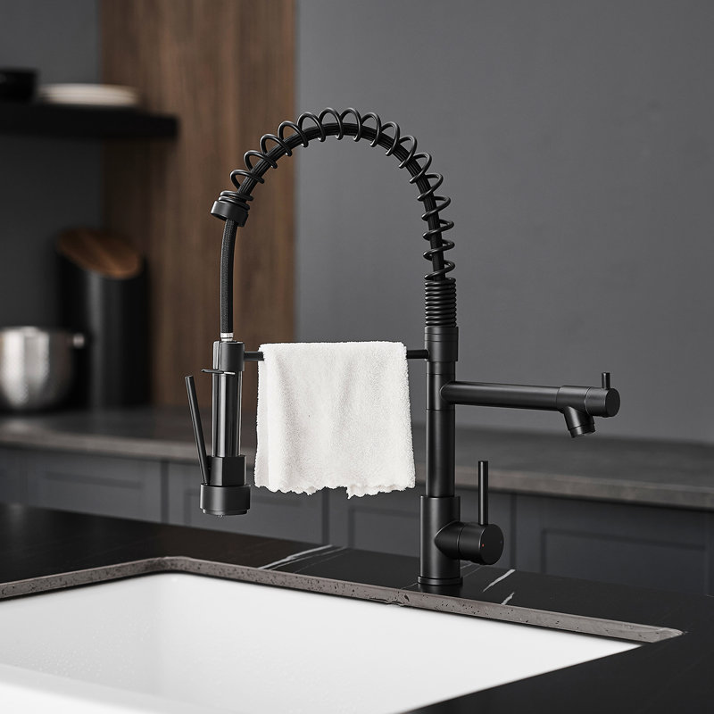 Kitchen Faucet With Pull Down And Soap Dispenser, Black, 304 Stainless Steel, Single Hole, Handle, Deck Plate Commercial Style