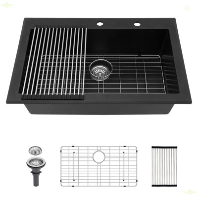 Évier de cuisine en quartz - Évier de cuisine encastré en granite noir 33 x 22 po