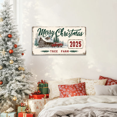 Grand Merry Abhinaya, camion rouge rétro, scène de chalet en hiver, 2025 décorations des Fêtes, impressions sur toile, affiche de décoration de Noël rustique pour le salon prêt à être suspendu, 24 po x 48 po