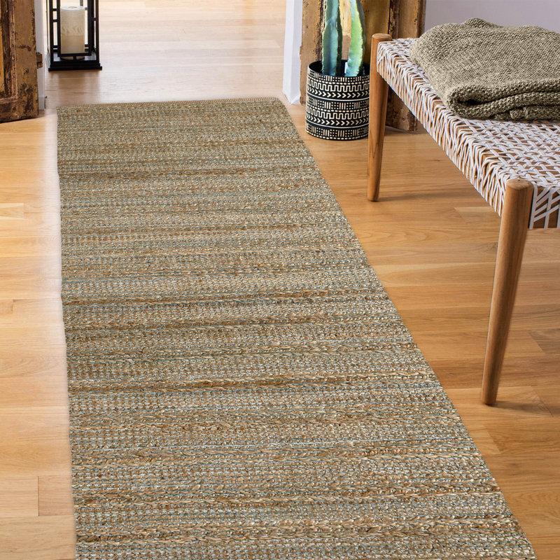 Modern Farmhouse Handmade Natural Fiber Jute Indoor Area Rug with Cotton Backing, Runner 2'6" x 7'9", Tan/Navy