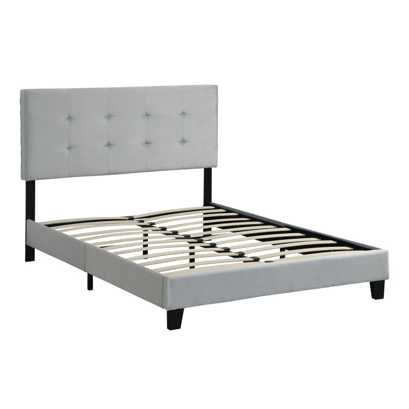 Size Upholstered Platform Bed Frame With Pull Point Tufted Headboard, Strong Wood Slat Support, Mattress Foundation, No Box Spring Needed, Easy Assembly, Grey