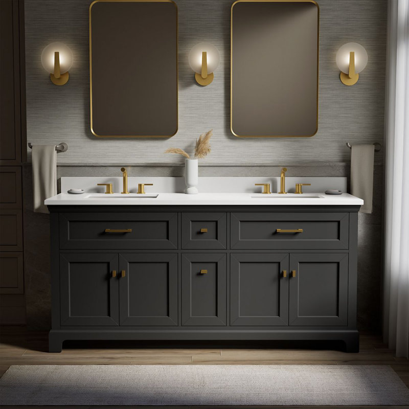 Charlemont Meuble-lavabo de salle de bain avec lavabos et comptoir en quartz, Gris foncé chaud, Laiton brossé