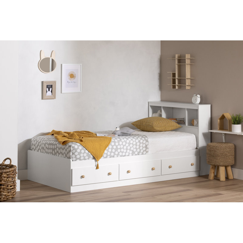 Twin White Wood Bookcase Headboard with Storage