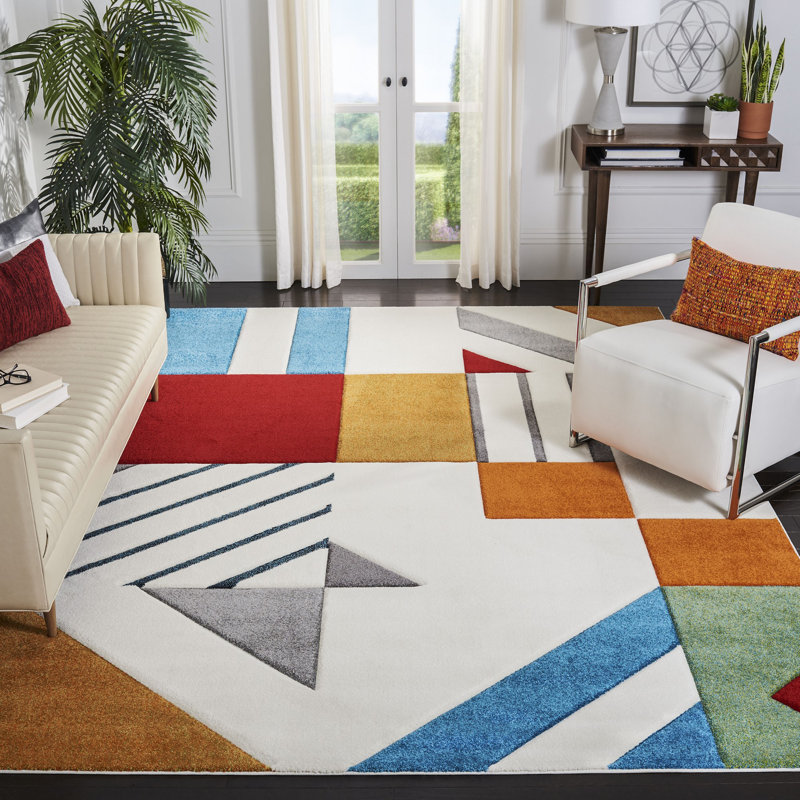 Tapis géométrique ivoire / bleu paon Garima, Rectangle 8 pi x 10 pi