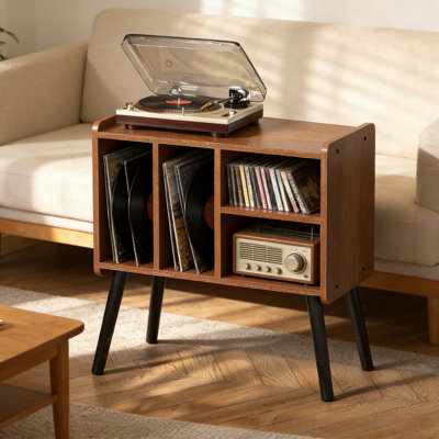 Mid-Century Modern Record Player Stand With Vinyl Storage For 150+ Albums, Adjustable Shelf Turntable Cabinet With Cable Management, Sturdy Wood Desig