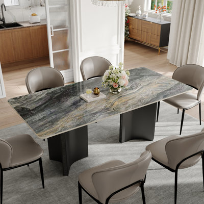 63" Modern Retangular Dining Table With Glossy Grey Sintered Stone Table Top, Luxury Kitchen Table With Stainless Steel Legs For 6