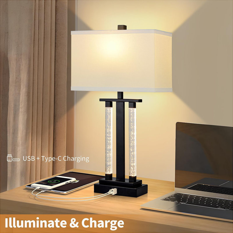 Black Adjustable 23" Modern Table Lamps Set with USB Charging