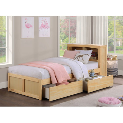 Modern Twin Size Platform Bed With Bookcase Headboard Storage Boxes Natural Pine Finish Wooden Bedroom Furniture 1Pc