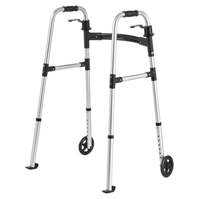 Folding Walker, 2-Button Foldable Walker with 5" Wheels & 8-Level Adjustable Height, 350LBS Loading Lightweight Aluminum Mobility Walking Aid, Front-Wheeled Rolling Walkers for Seniors Adults