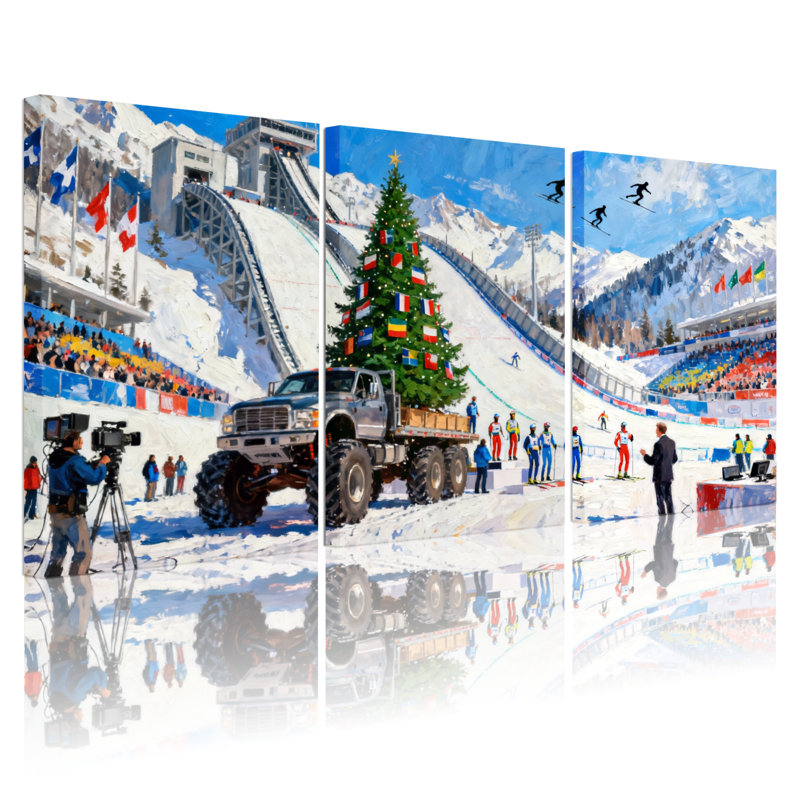 Scène de sports d'hiver de Noël avec ensemble de 3 impressions d'art sur toile, arbre de Noël, H 30 po x l 60 po