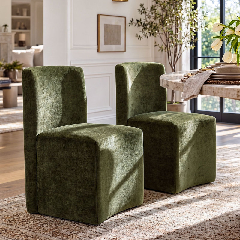 Chaises de salle à manger classiques entièrement rembourrées avec roulettes dissimulées, Vert