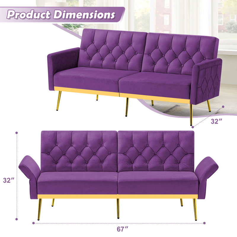 Zineta 67'' Velvet Sleeper Sofa, Purple
