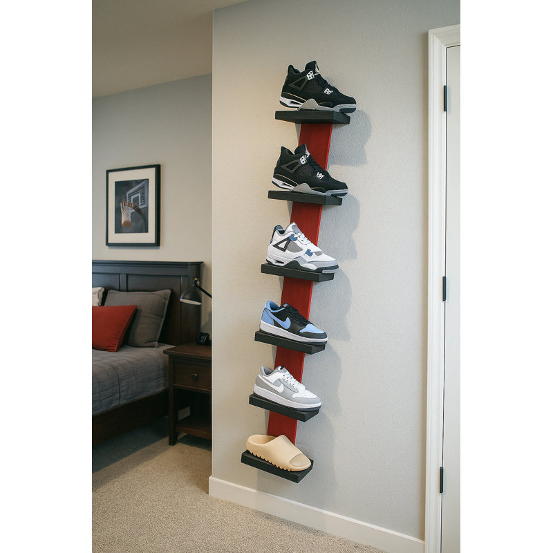 Urban Sneaker Wall Rack – Vertical Shoe Display In Red + Black (12w X 5.5d X 54h)