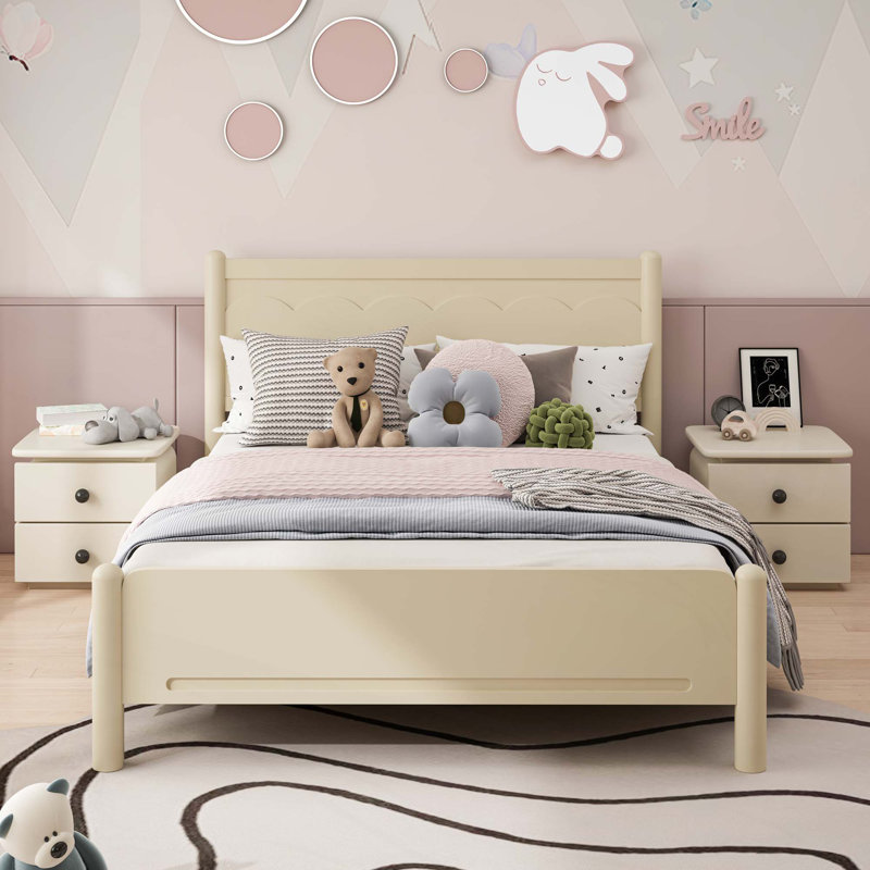 Base de lit plateforme en bois avec tête de lit et lattes en bois, Beige / Naturel, Grand lit