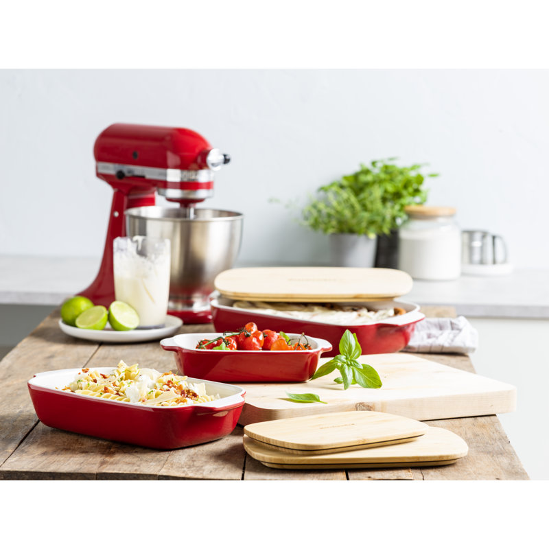 KitchenAid Stoneware Rectangular Dish with Bamboo Lid, 20cm, Empire Red