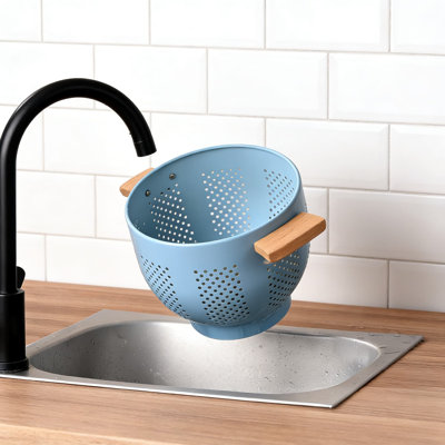 Colander With Wooden Handle And Stable Base, Large Kitchen Strainer Basket For Draining Pasta, Vegetables, And Fruits