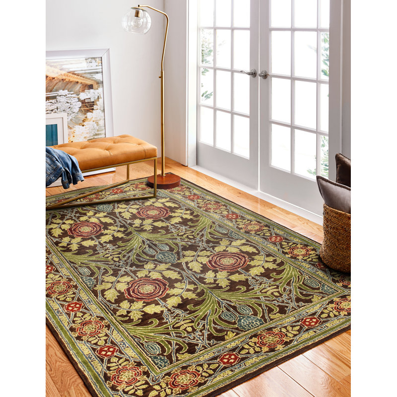 Tapis oriental en laine touffeté chocolat / rouge / jaune Stacey, Rectangle 7 pi 9 po x 9 pi 9 po