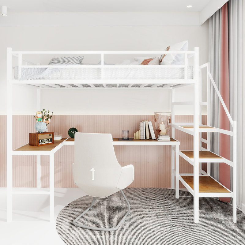 Lit mezzanine avec bureau en forme de L, grand espace de rangement et compartiments de rangement, structure de lit robuste avec escalier, garde-corps continu, peu encombrant, silencieux, sans ressorts éléphants requis