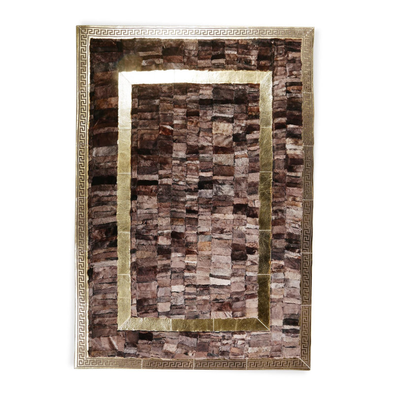 Tapis toscan brun en cuir fait à la main avec bordure dorée, Rectangle 5 pi x 7,5 pi