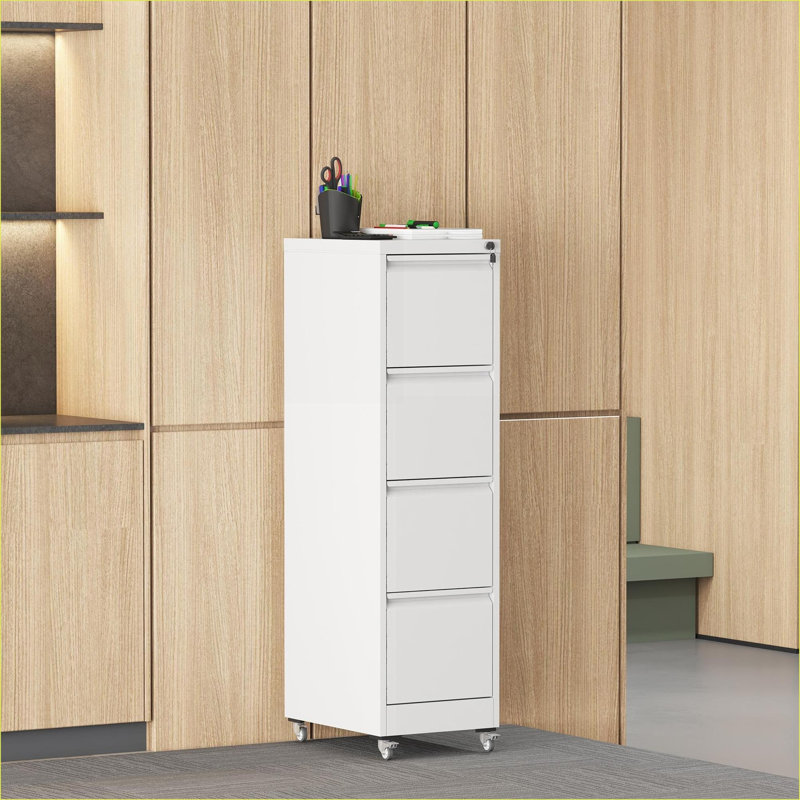 Armoires | Classeur vertical en métal robuste à 4 tiroirs avec roulettes verrouillables pour la maison Bureau | Moderne | Blanc cassé