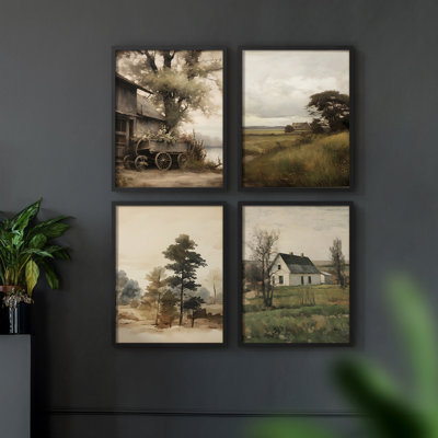 «Vintage Landscape», reproduction encadrée - ensemble de 4