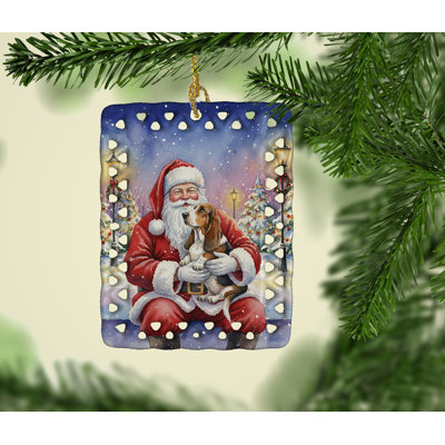 Basset Hound with Santa Claus Porcelain Ornament