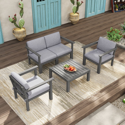 4 - Person Modular Patio Conversation Sets With Cushions, 5-Piece Outdoor All-Weather Waterproof HIPS Sofa Seating Group, Gray
