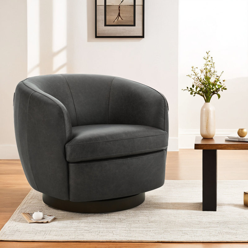Fauteuil demi-tonneau en cuir Marcy Geniue, Noir de Marseille, Espresso
