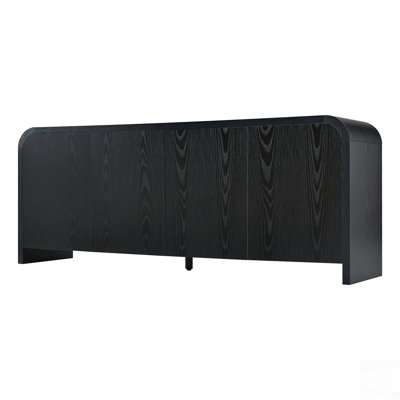 Farmhouse Curved Edge TV Stand with Large Cabinets for TVs up to 70, Minimalist Wood Grain Media Console with Cable Management, Mid Century TV Cabinet with Adjustable Shelves for Living Room, Black