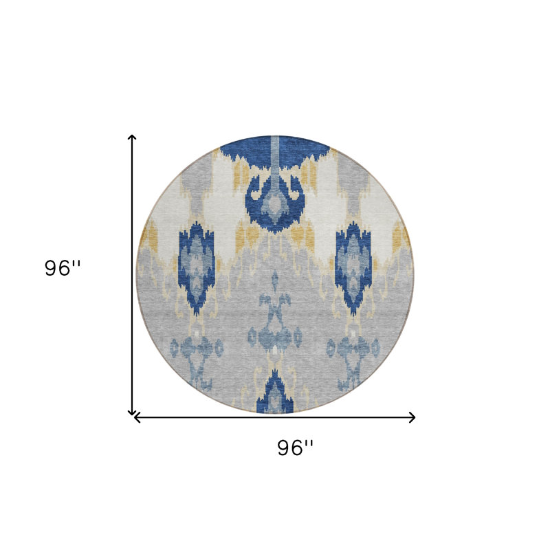 Tapis rond lavable intérieur ikat ivoire et gris 8 pi
