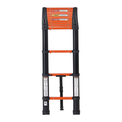 Échelle télescopique de 2,6 m (8,5 pi) extensible avec rétraction par simple pression d'un bouton, supporte jusqu'à 150 kg (330 lb), idéale pour l'entretien de la maison, la peinture, le nettoyage des vitres et une utilisation en VR, conception robuste en aluminium avec marches antidérapantes, orange et noir