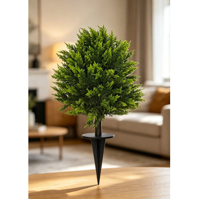 2 Pack 24 Inch Artificial Topiary Ball Tree With Spike, Realistic Soft Cypress Faux Cedar Pine Shrubs, UV Resistant Fake Plants For Indoor Outdoor Front Door Porch Spring Pot Fillers Decor