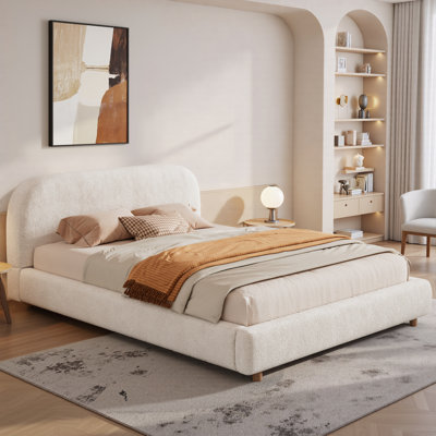Queen Size Curve-Shaped Headboard Boucle Fabric Upholstered Bed Frame, No Spring Box Needing Bed