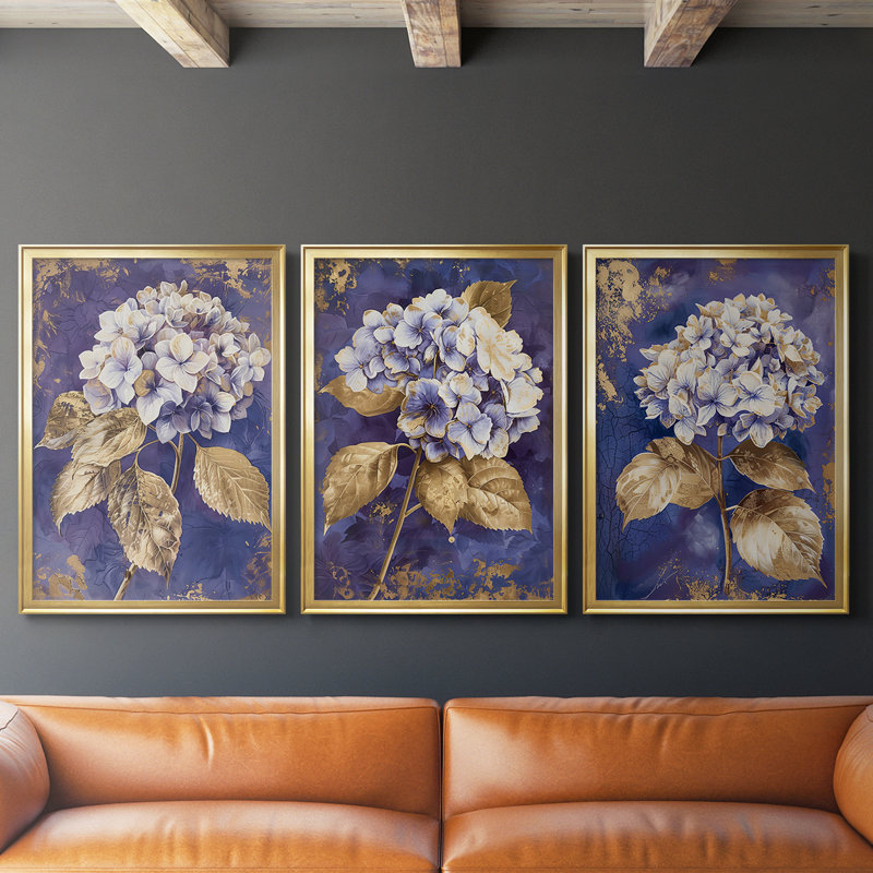 FLORAL Series CCXV - Toile tendue avec châssis sur mesure - 3 pièces, 30" H x 63" W, Doré
