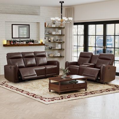 2-Piece Modern Top-Grain Leather Power Reclining Living Room Set: Electric Loveseat +Sofa With Console And Type-C & USB