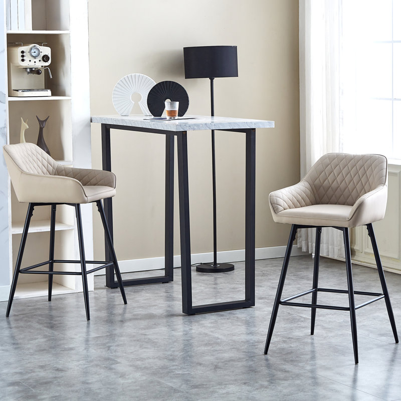 Saarrah 68cm Upholstered Bar Stool with Arms, Beige Faux Leather, 3