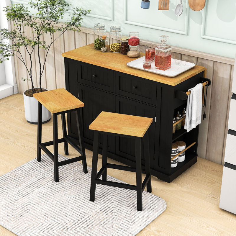 Îlot de cuisine 48 pouces avec 2 tabourets de bar, support de rangement et tiroirs, Noir