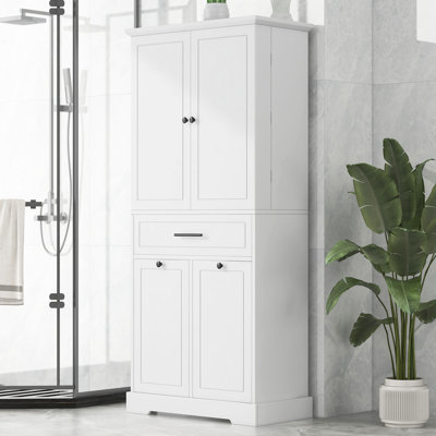 Armoire de rangement autoportante avec portes et tiroirs, panier à linge inclinable, tablette réglable, plusieurs espaces de rangement
