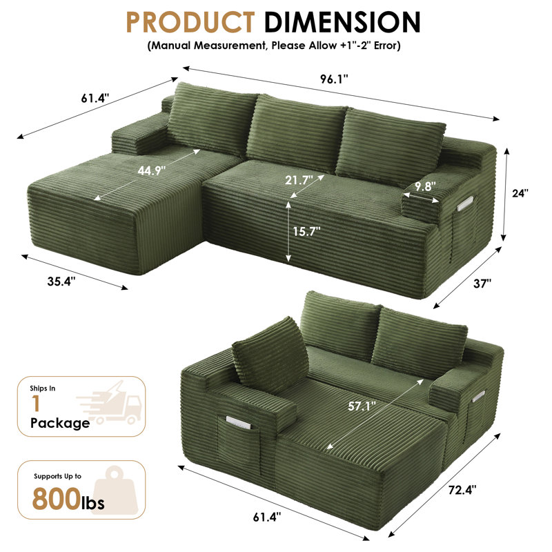 Canapé modulaire en forme de L de 96 po pour canapé modulaire Boneless, Velours côtelé vert, Face à la gauche