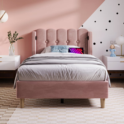 Velvet Grille-Panel Bed With Charging Station