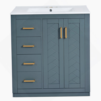 Ensemble de meuble-lavabo 30 po avec lavabo en céramique, armoire de rangement en bois massif, ensemble de meuble-lavabo autoportant avec 3 tiroirs et portes à fermeture douce