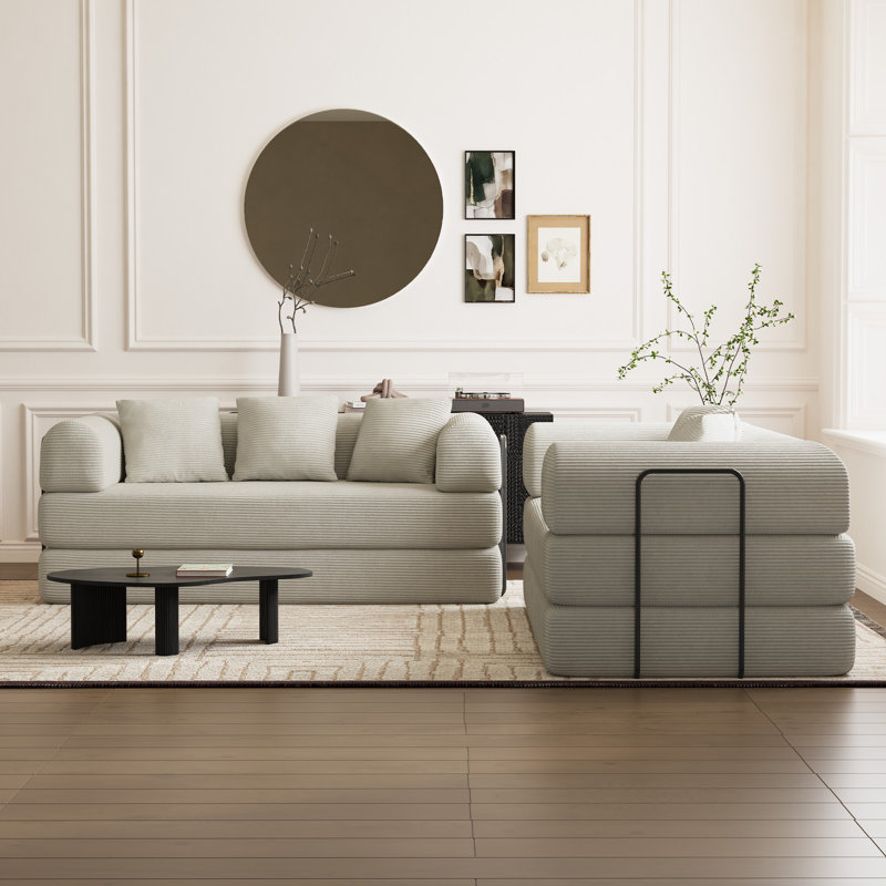 Ensemble de canapé modulaire moderne en velours côtelé 2 pièces avec couchette convertible et supports de dossier en métal