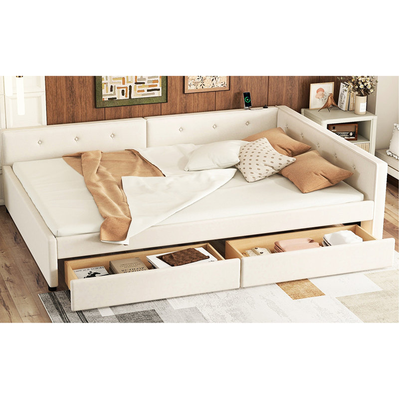 Lit plateforme double avec 2 tiroirs, bois beige, revêtement en lin, sans sommier, addition unique pour la chambre à coucher, rangement rembourré et tiroir, luxe