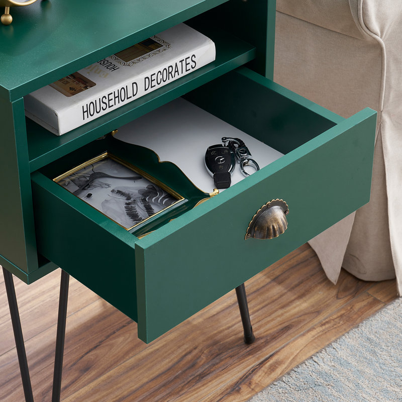 NS Modern Nightstand Sofa Side Table with Drawer and Storage Shelf for Living Room Bedroom, Green