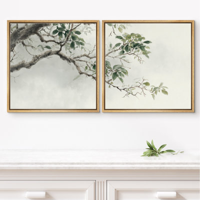 Minimal Green Leaves Botanical Branch Wall Art Set Framed Master Bedroom Wall Art Work 2 Pieces Print