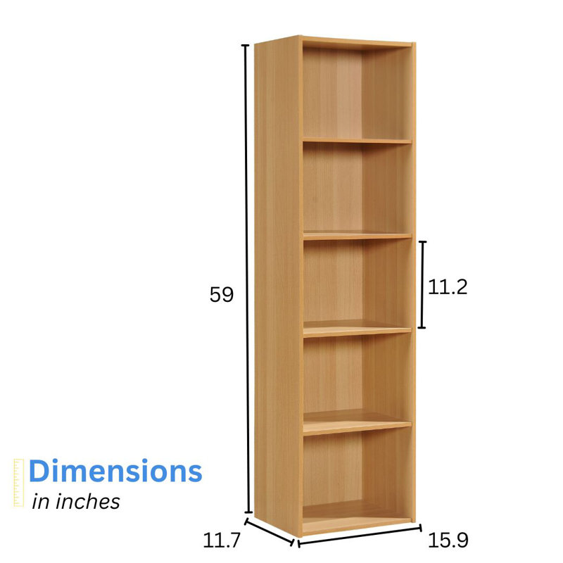 Tall Bookcase with Open Storage Bookshelf for Home or Office, (5 Shelves) 59"H x 15.9"W x 11.7"D, Beech