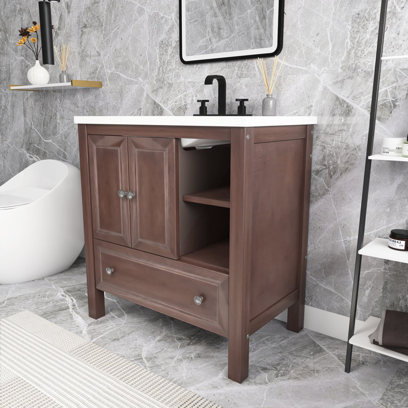 Meuble-lavabo autoportant 30 po blanc avec lavabo en céramique, Brun